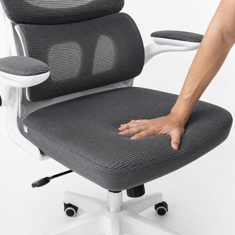 Detalhe do assento acolchoado da cadeira ergonômica